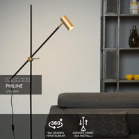 Lucide PHILINE lampe de lecture sur pied moderne, 1xGU10, compatible LED, hauteur réglable, Noir Mat avec tête Dorée
