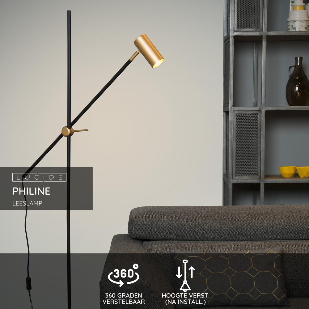 Lucide PHILINE lampe de lecture sur pied moderne, 1xGU10, compatible LED, hauteur réglable, Noir Mat avec tête Dorée