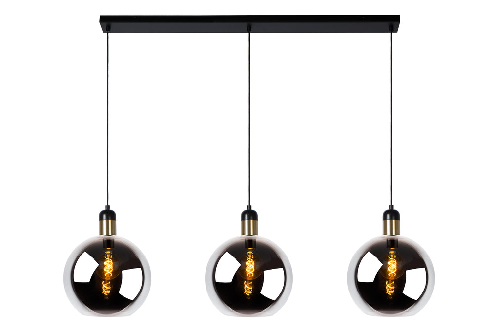 Suspension Lucide Julius, 3 douilles E27, verre fumé avec finition noire et dorée, style moderne, IP20, 220-240V