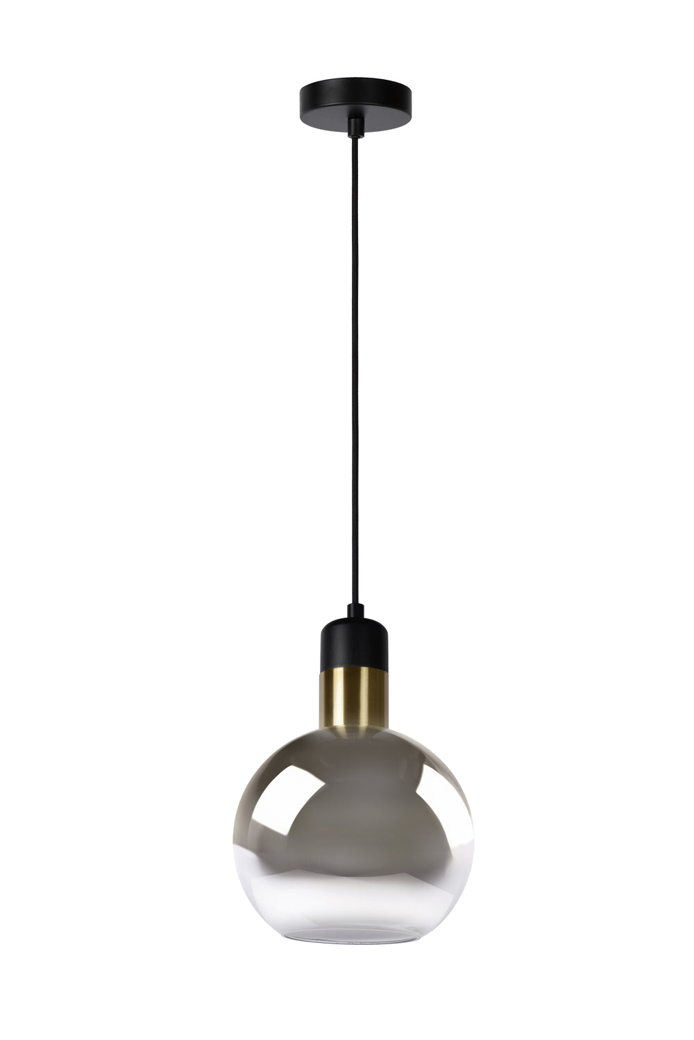 Suspension Lucide JULIUS, 1xE27, abat-jour en verre fumé Ø20cm, bois noir et métal doré, 220-240V, IP20