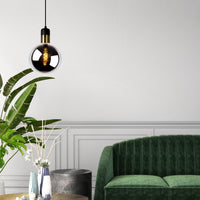 Suspension Lucide JULIUS, 1xE27, abat-jour en verre fumé Ø20cm, bois noir et métal doré, 220-240V, IP20