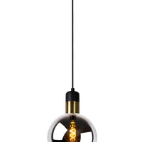 Suspension Lucide JULIUS, 1xE27, abat-jour en verre fumé Ø20cm, bois noir et métal doré, 220-240V, IP20