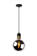Suspension Lucide JULIUS, 1xE27, abat-jour en verre fumé Ø20cm, bois noir et métal doré, 220-240V, IP20