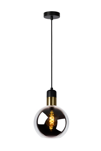 Lucide JULIUS hanglamp, 1xE27, rookglazen kap Ø20cm, zwart hout en goudkleurig metaal, 220-240V, IP20
