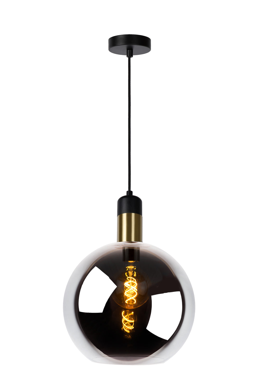Lucide JULIUS suspension Ø28cm verre fumé bois noir métal doré E27 40W dimmable IP20 220-240V