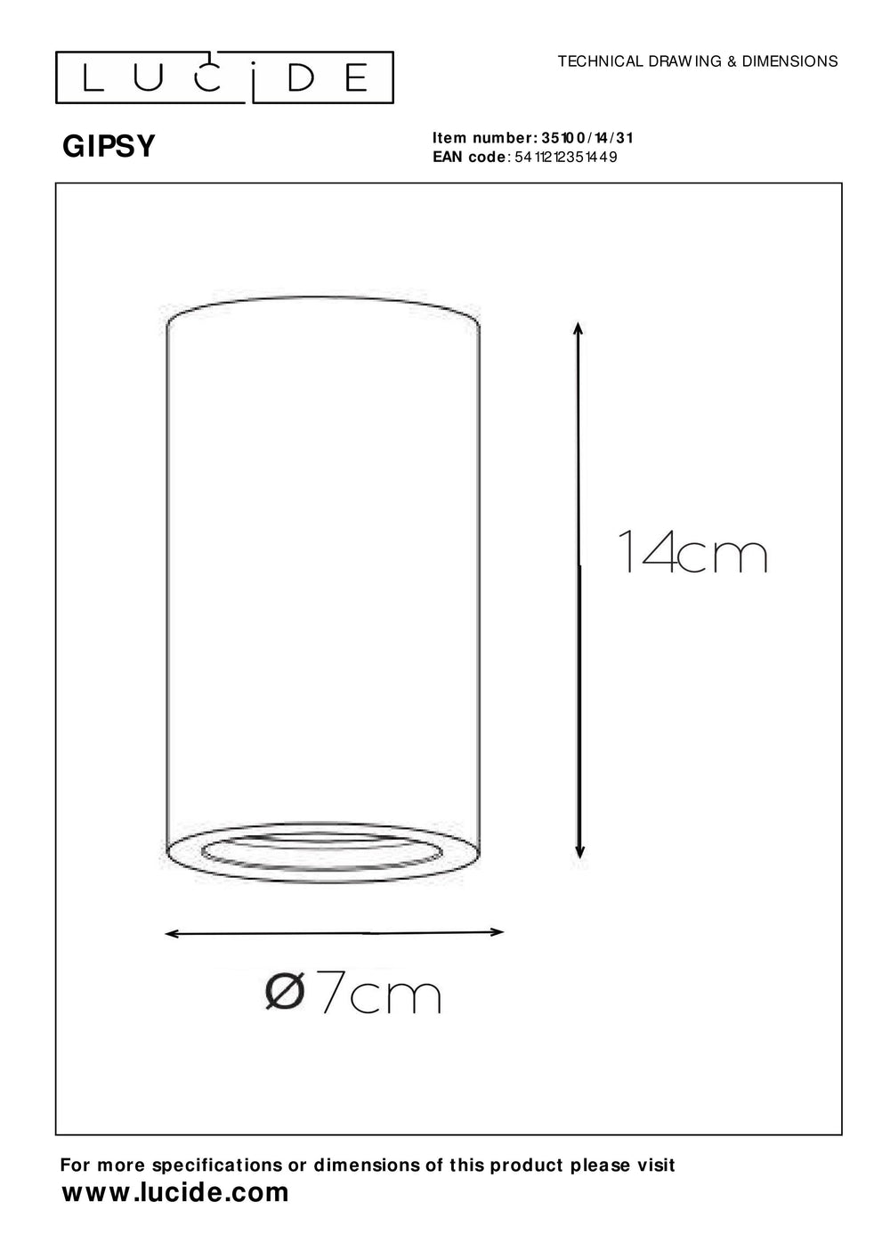 Spot plafond Lucide Gipsy, 1xGU10, 220-240V, IP20, Plâtre blanc, design cylindrique moderne Ø7cm