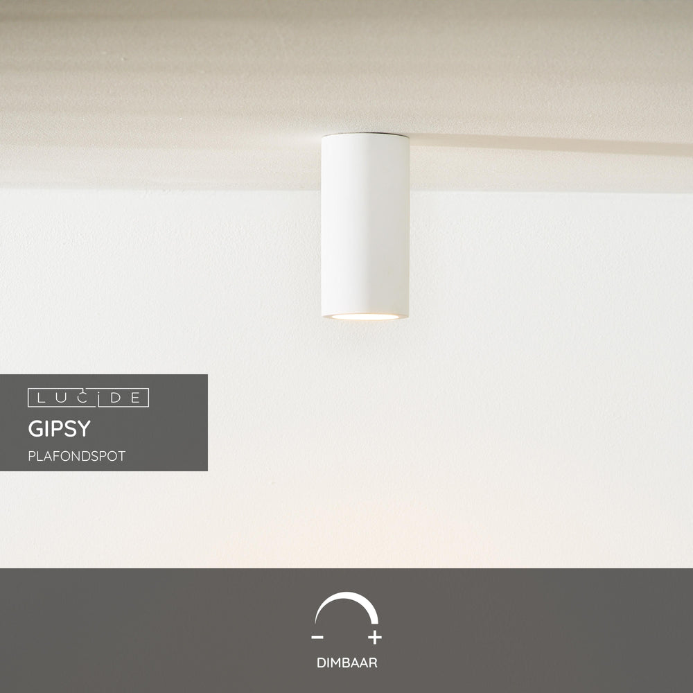 Spot plafond Lucide Gipsy, 1xGU10, 220-240V, IP20, Plâtre blanc, design cylindrique moderne Ø7cm