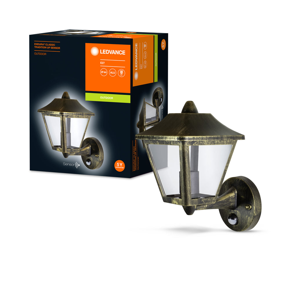 Ledvance ENDURA Classic Tradition Up Sensor Wandlamp E27 Goud Zwart Buiten IP44 Gietaluminium