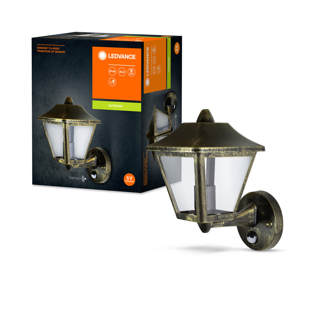 Ledvance ENDURA Classic Tradition Up Sensor Wandlamp E27 Goud Zwart Buiten IP44 Gietaluminium
