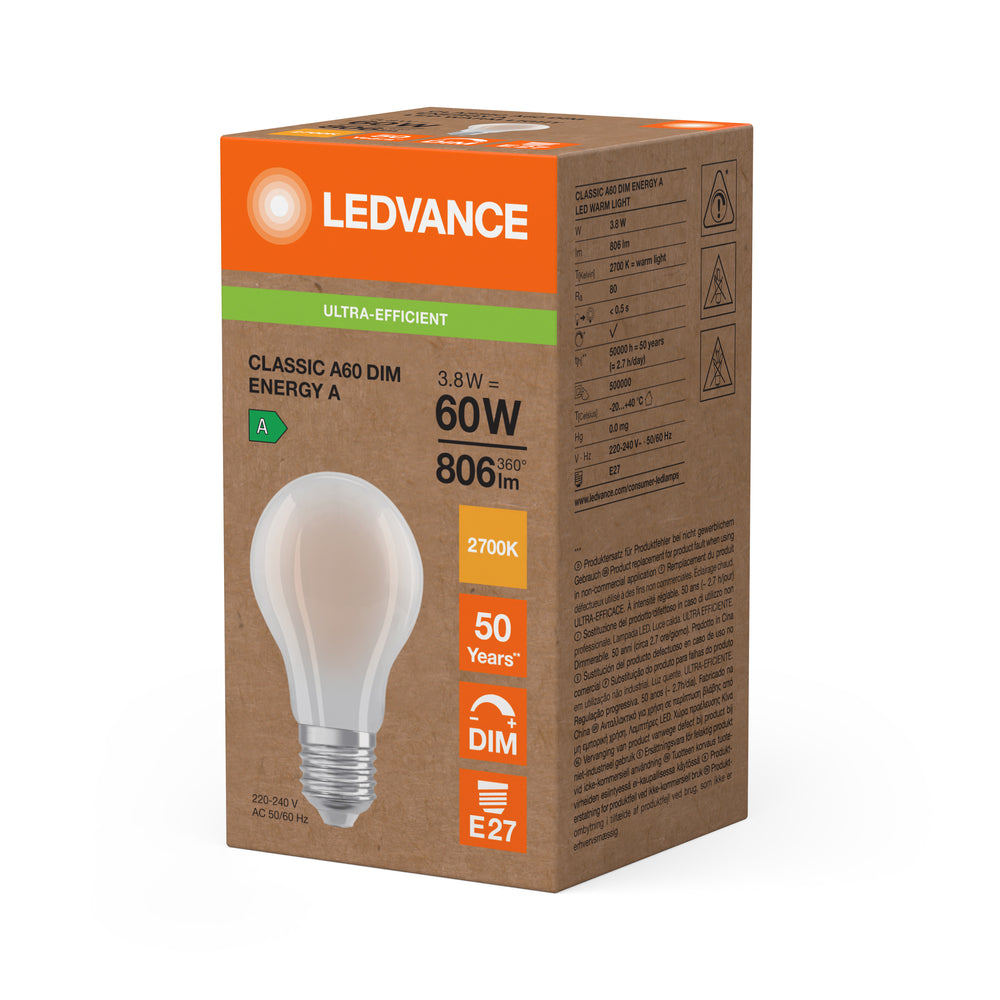 Ledvance LED Classic A60 Mat E27 Dimbaar 3.8W 2700K 806 lumen Warm Wit Energieklasse A