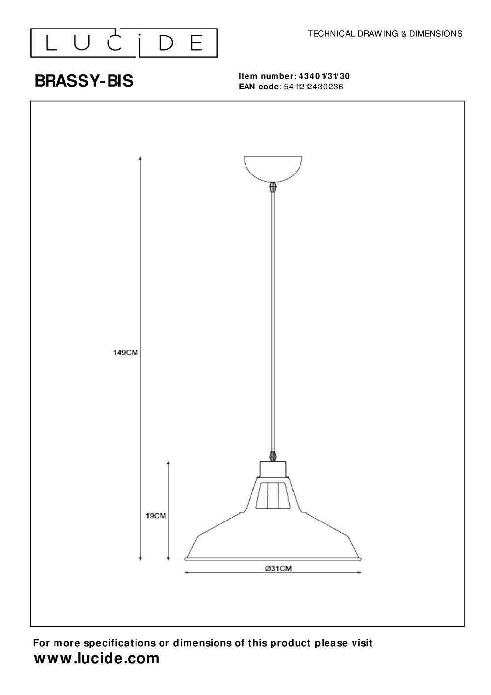 Lucide BRASSY-BIS hanglamp Zwart, 1xE27 fitting, verstelbare hoogte, ronde metalen kap Ø31cm, IP20