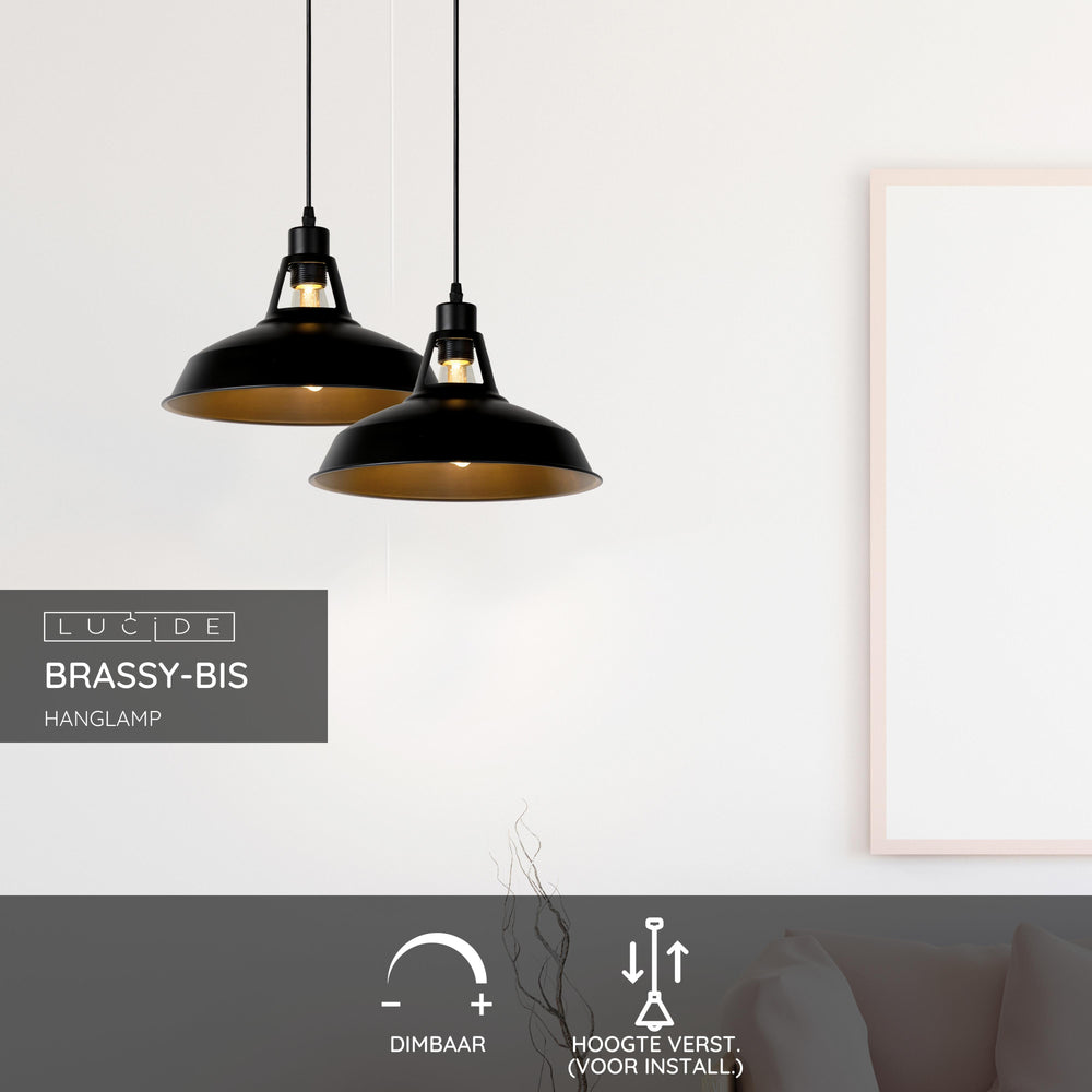 Lucide BRASSY-BIS hanglamp Zwart, 1xE27 fitting, verstelbare hoogte, ronde metalen kap Ø31cm, IP20
