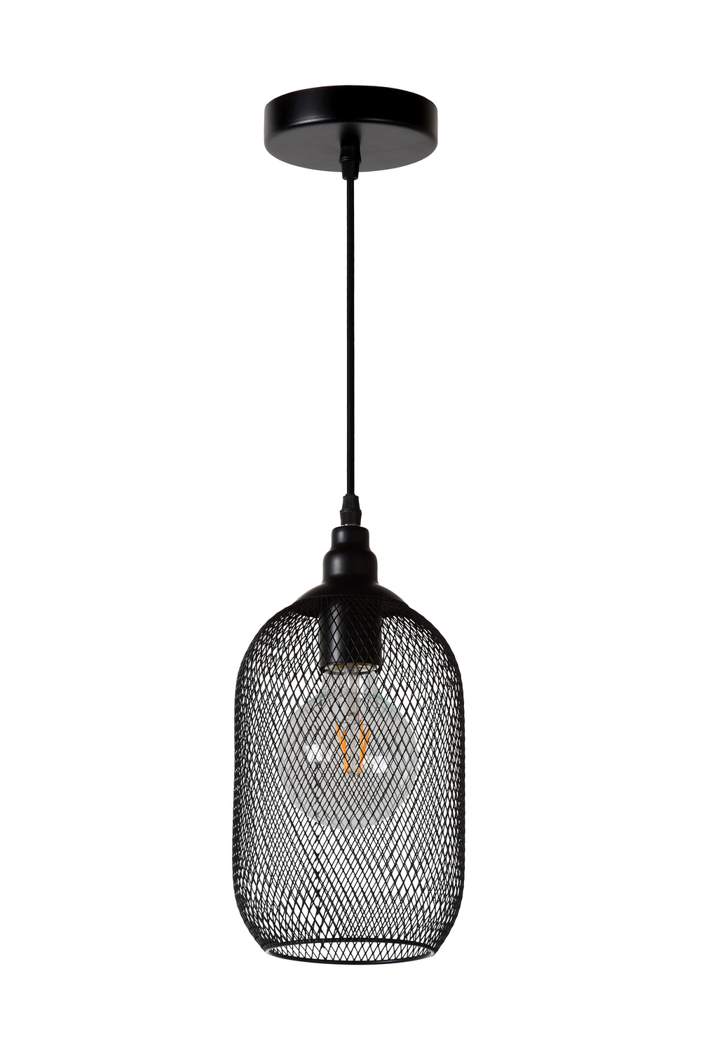 Lucide Mesh hanglamp Zwart, ronde metalen kap Ø150mm, E27 fitting 60W max, hoogte verstelbaar, IP20