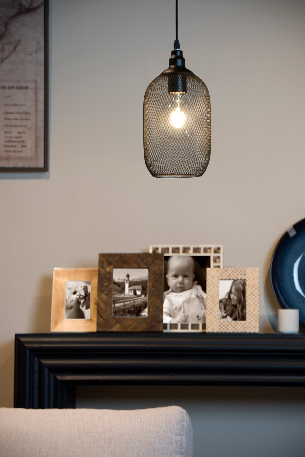 Lucide Mesh hanglamp Zwart, ronde metalen kap Ø150mm, E27 fitting 60W max, hoogte verstelbaar, IP20