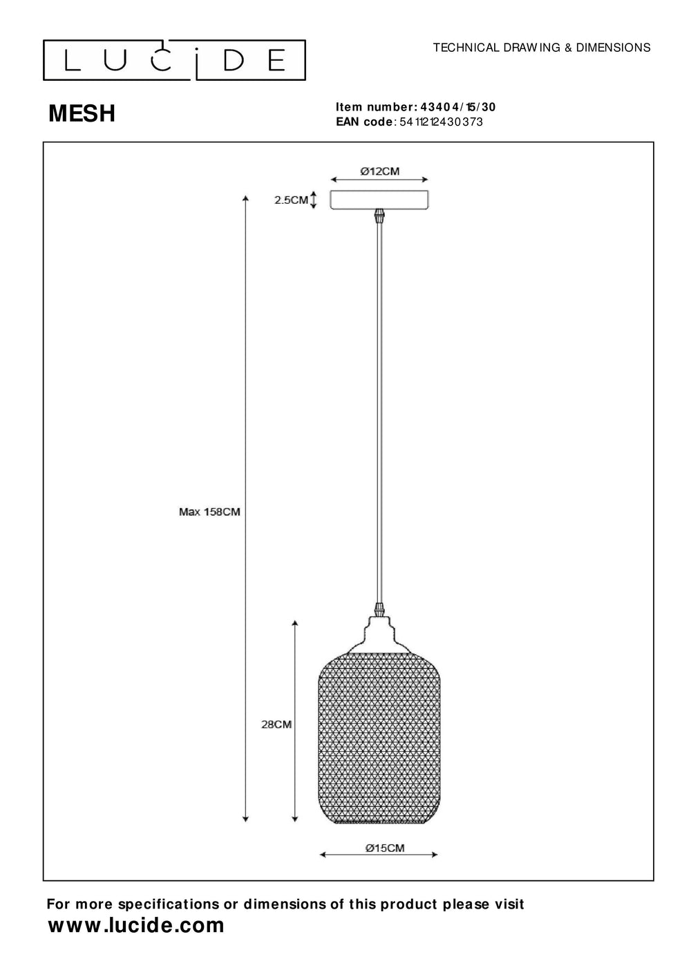 Lucide Mesh hanglamp Zwart, ronde metalen kap Ø150mm, E27 fitting 60W max, hoogte verstelbaar, IP20