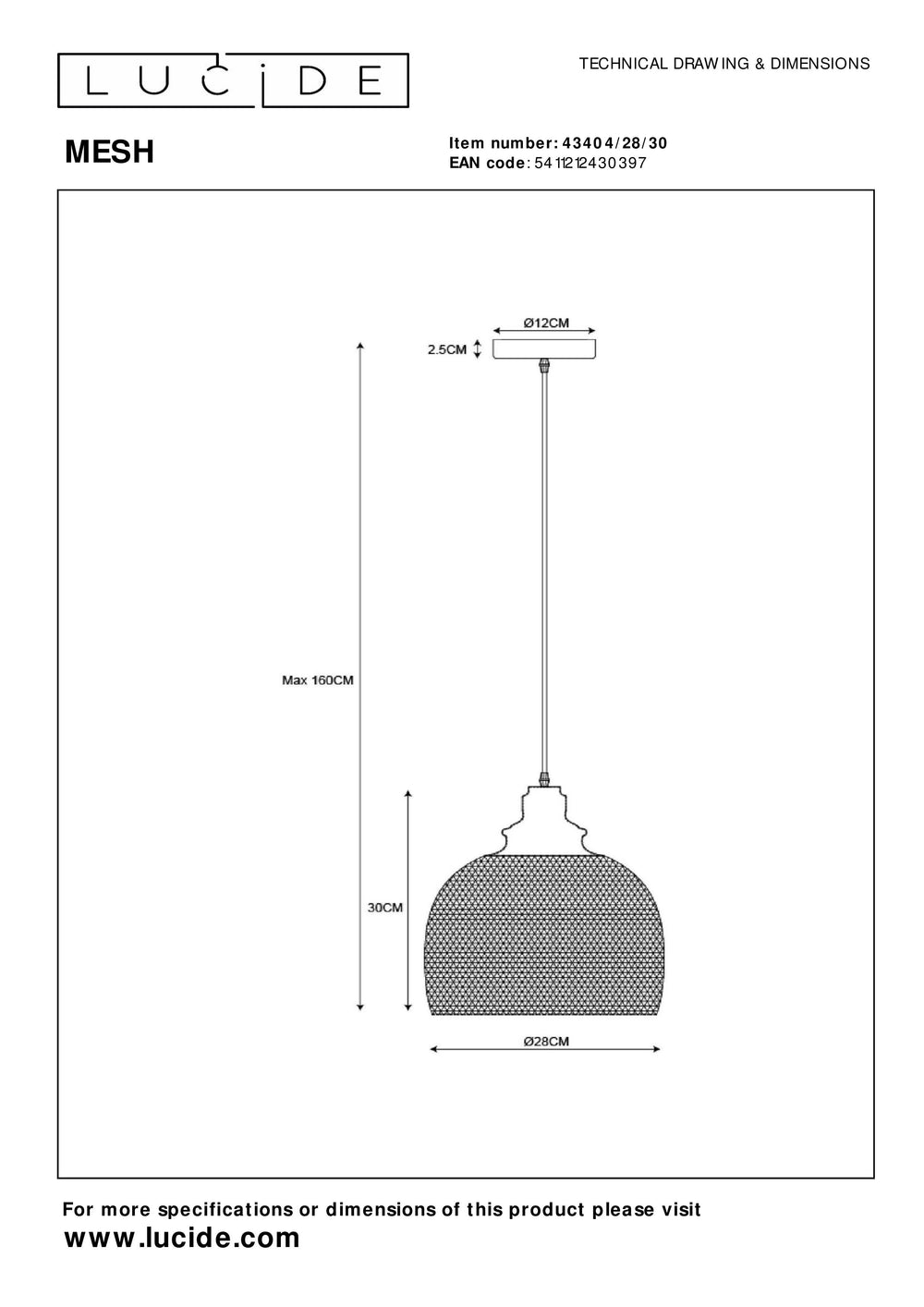 Lucide MESH suspension luminaire Noir Ø28cm 1xE27 lampe suspendue en métal moderne IP20 hauteur réglable dimmable
