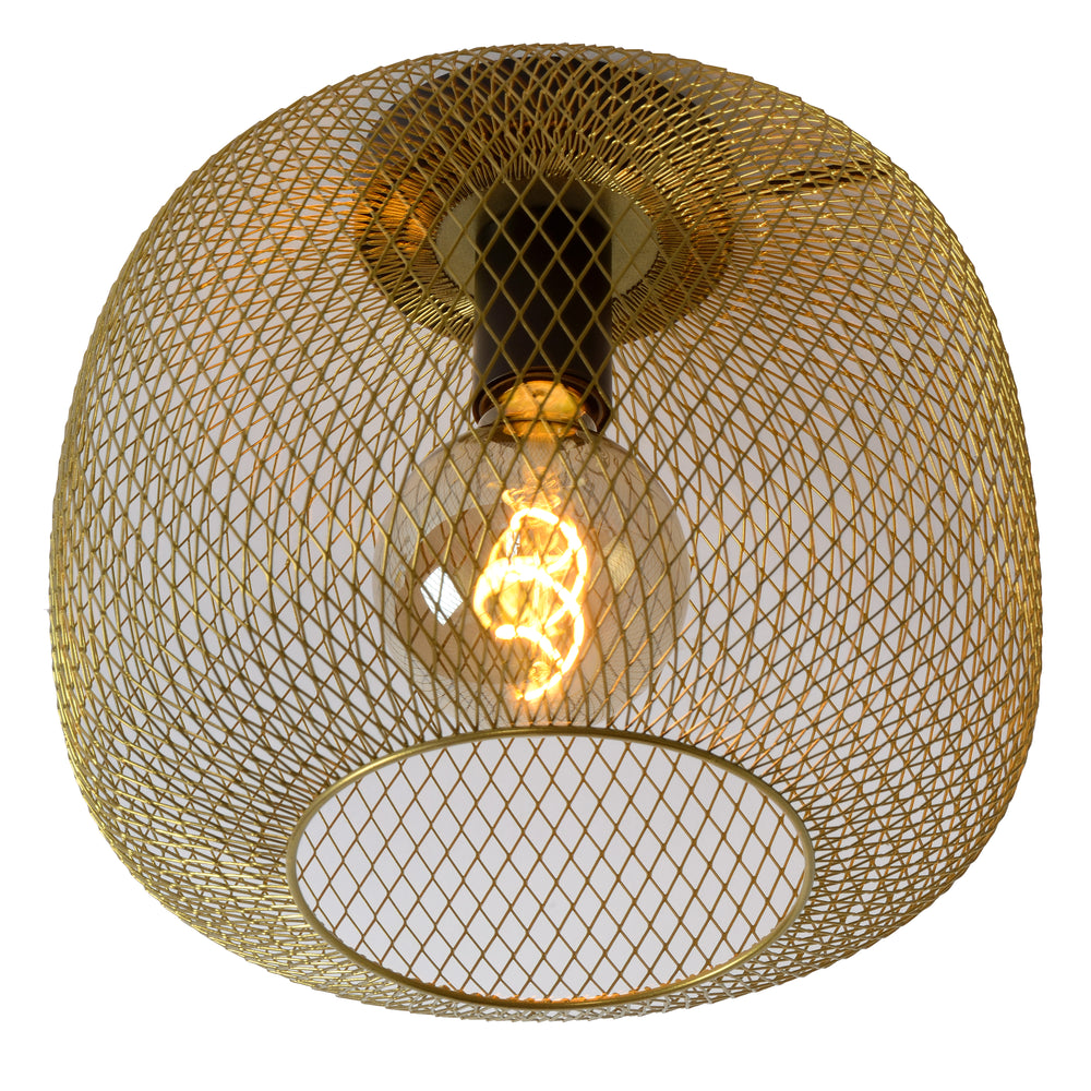 Plafonnier Lucide MESH cylindre métallique 30cm, douille E27, Noir Mat avec finition Or, style vintage IP20