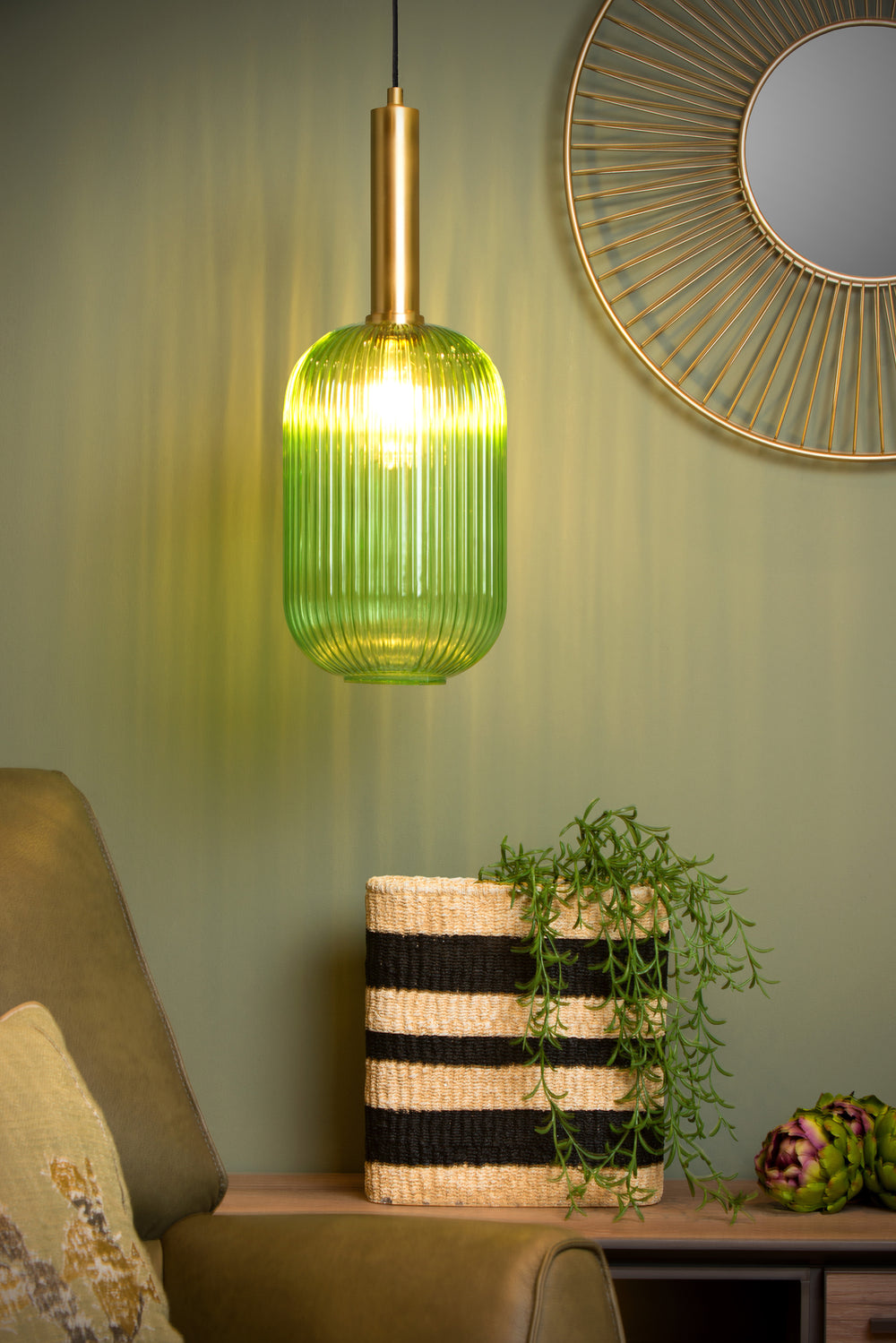 Lucide MALOTO hanglamp, vintage ovale metaal en glas, E27 fitting, max 40W, IP20, groen bronzen afwerking