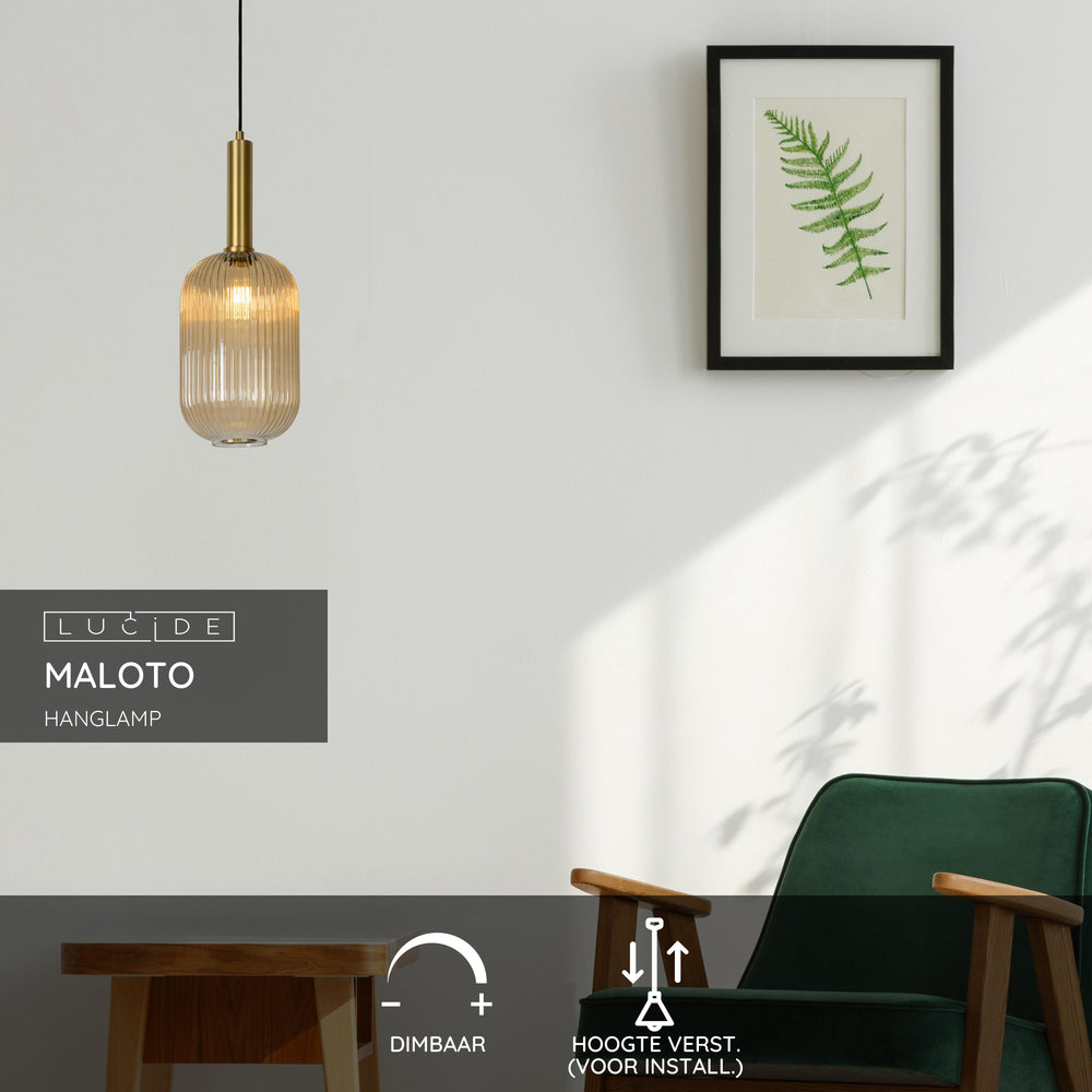 Lucide MALOTO vintage hanglamp, 1xE27, 40W max, amberkleurig glas, bronzen afwerking, in hoogte verstelbaar, IP20