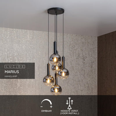 Lucide MARIUS hanglamp 5xE27 Zwart glas 55cm hoogte verstelbaar modern design binnen IP20