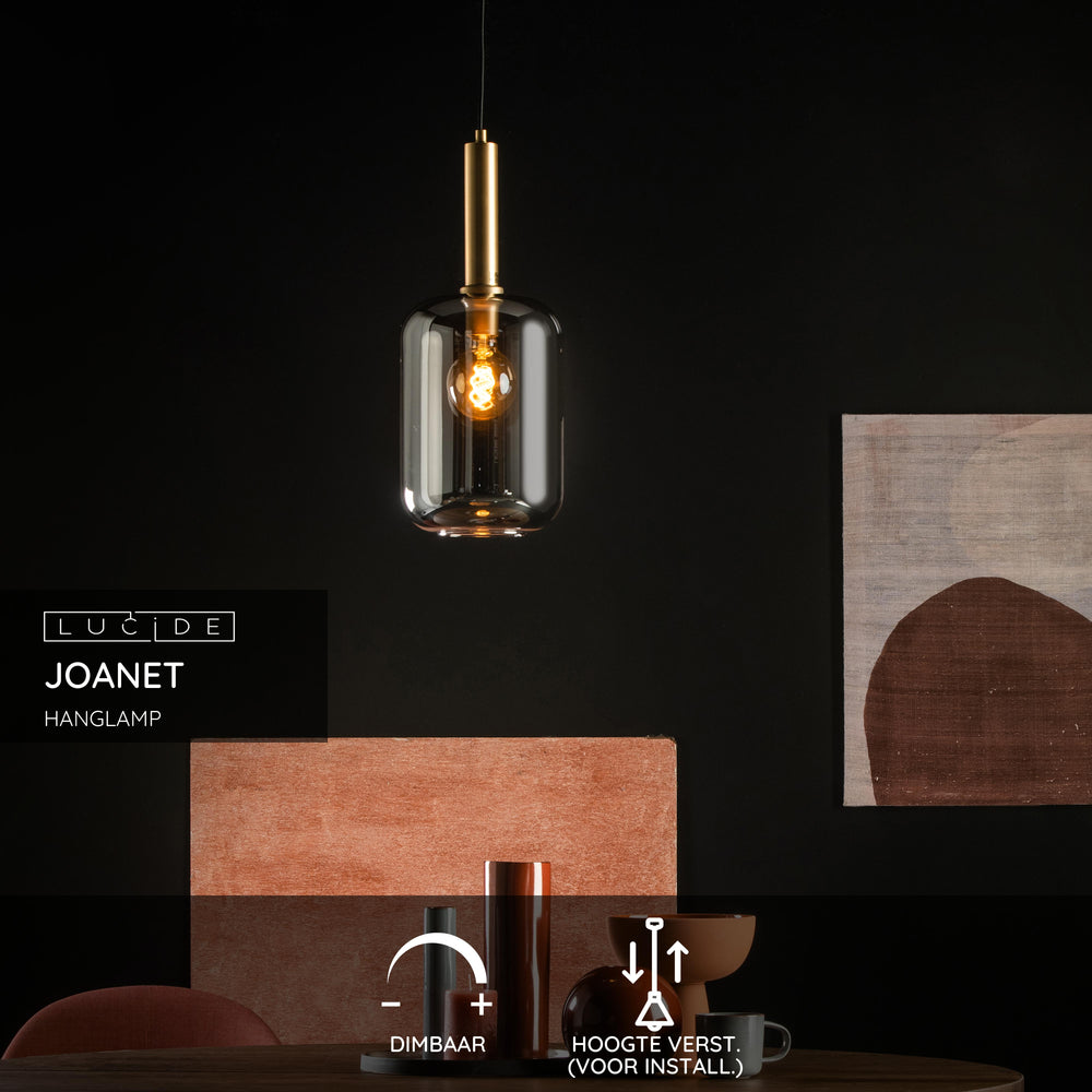 Lucide JOANET hanglamp Ø22cm, 1xE27 fitting, brons met fumé glas, in hoogte verstelbaar, IP20