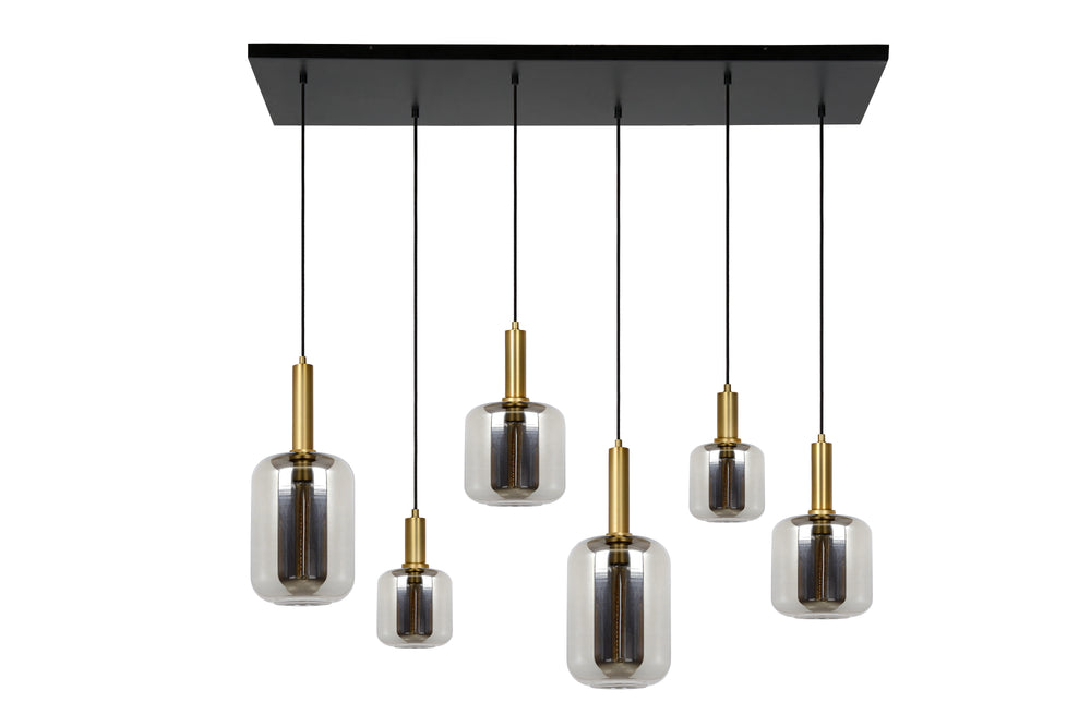 Lucide JOANET hanglamp, 6xE27 fittingen, brons met fuméglas, modern rechthoekig ontwerp, IP20, 1320mm