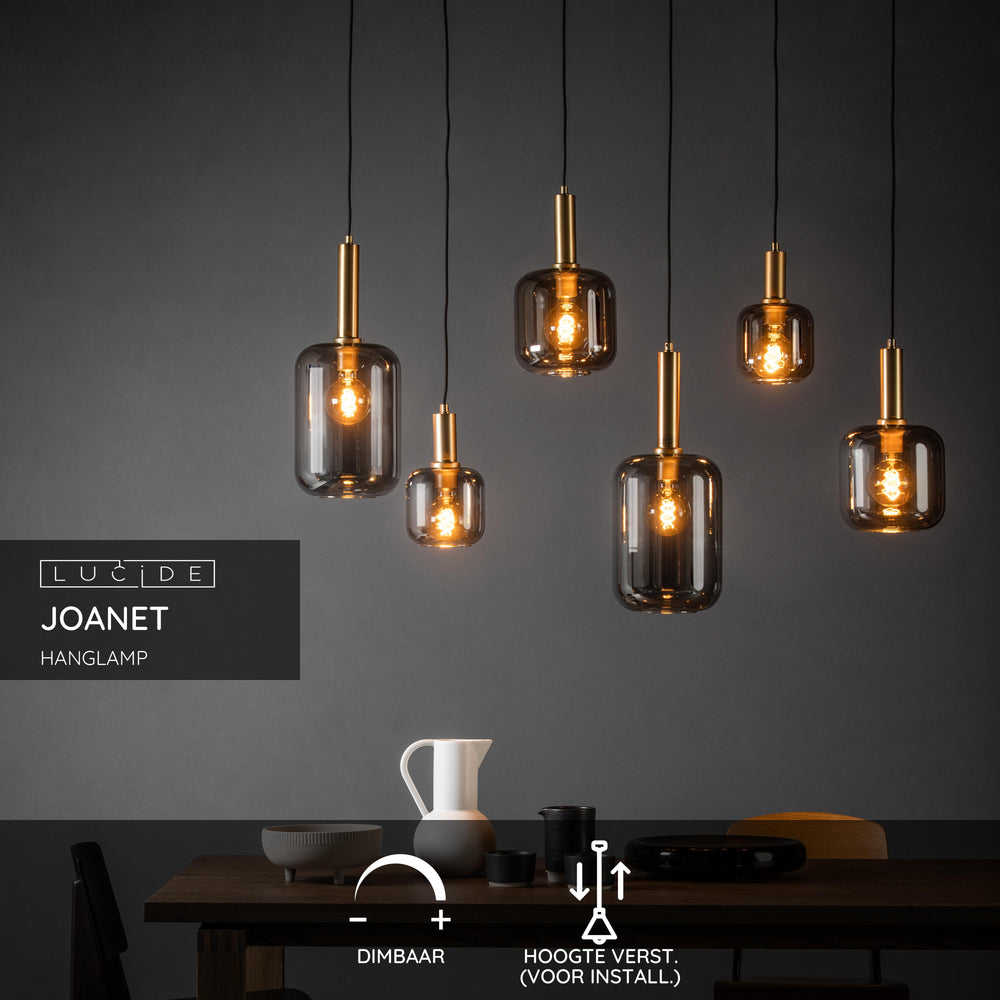 Lucide JOANET hanglamp, 6xE27 fittingen, brons met fuméglas, modern rechthoekig ontwerp, IP20, 1320mm