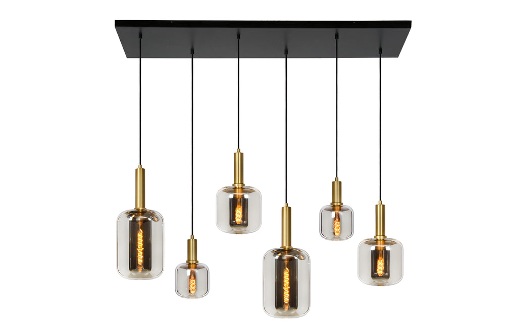 Suspension Lucide JOANET, 6xE27 douilles, bronze avec verre fumé, design rectangulaire moderne, IP20, 1320mm