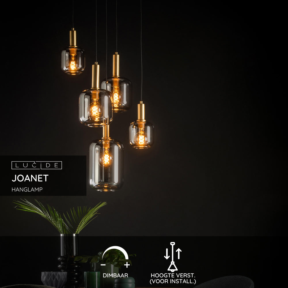 Suspension Lucide JOANET Ø66cm, 5xE27, dimmable, hauteur réglable, bronze avec verre fumé, IP20