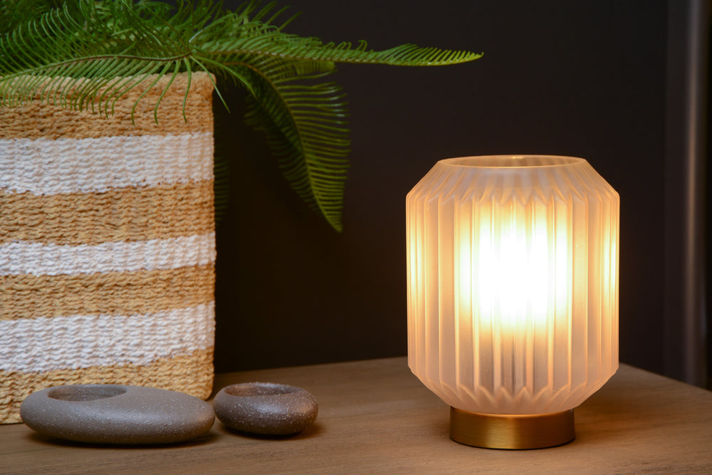 Lampe de table Lucide SUENO Ø13cm Douille E14 Verre blanc avec base en acier doré design moderne intérieur IP20