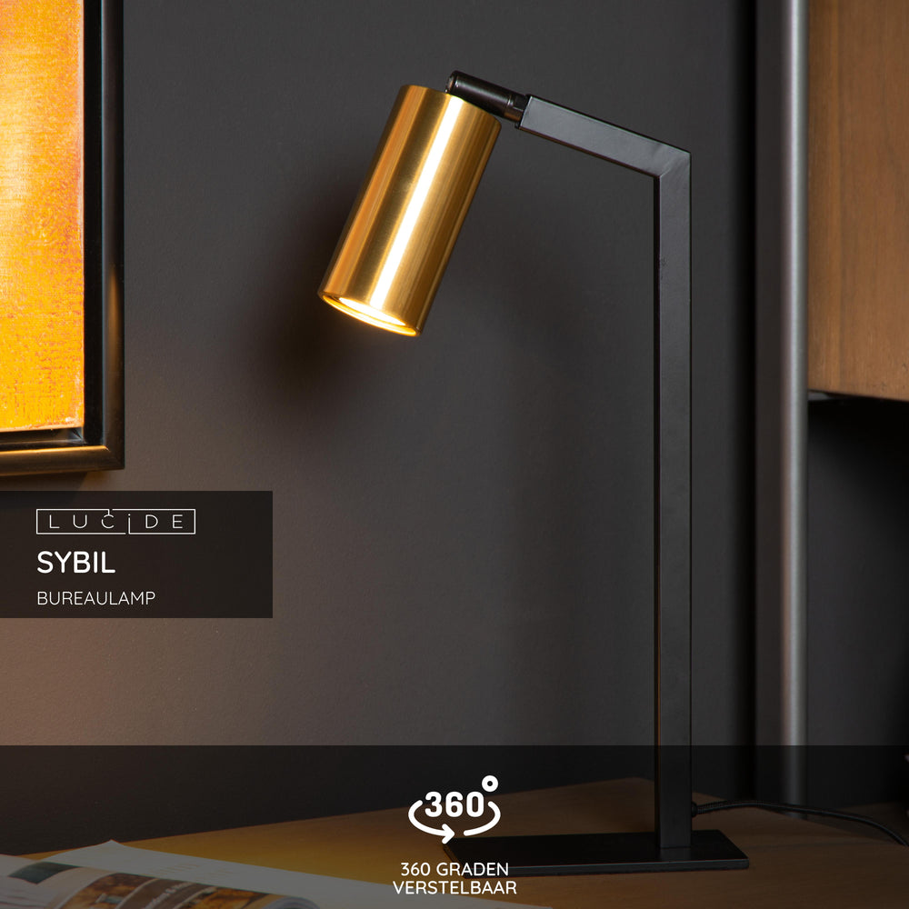Lucide SYBIL bureaulamp, 1xGU10, 230V, IP20, Zwart met Mat Goud, modern staal, 360° verstelbaar, voor binnengebruik