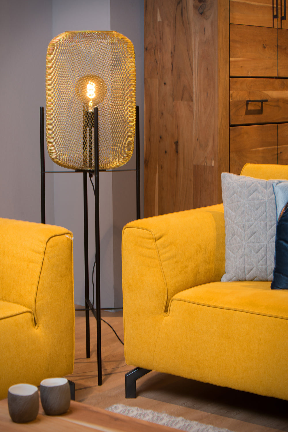 Lampadaire Lucide Mesh, cylindre métallisé vintage, douille E27, 40W max, IP20, finition noir mat & or