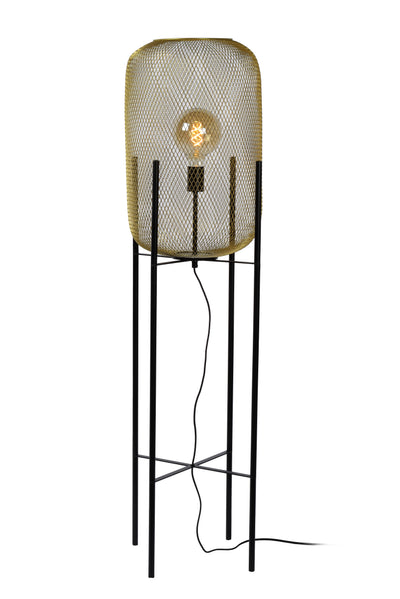 Lucide Mesh vloerlamp, vintage metalen cilinder, E27 fitting, max. 40W, IP20, mat zwart & goud afwerking