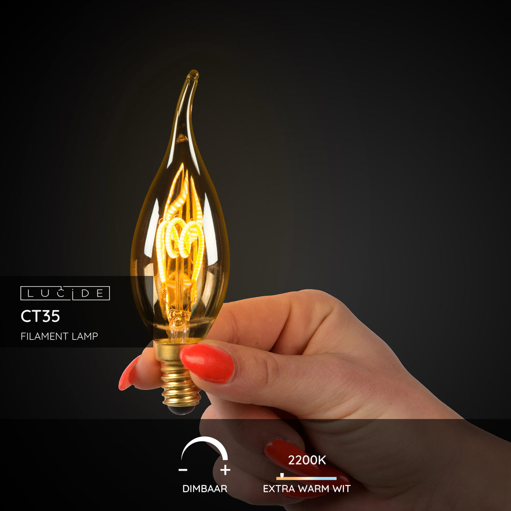Lucide CT35 LED filament kaarslamp E14 3W 2200K dimbaar Amber glas 165 lumen IP20 vintage stijl