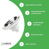 LED Spot - GU10 AR111 - 12W vervangt 70W - 3000K warm wit licht - Lichtspreiding 20°