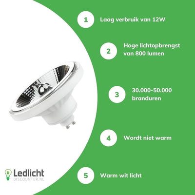 LED Spot - GU10 AR111 - 12W vervangt 70W - 3000K warm wit licht - Lichtspreiding 20°
