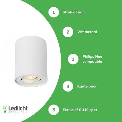 Spectrum LED plafondspot CHLOE GU10, opbouw, Wit aluminium, IP20, kantelbaar, 250V