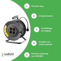 Kabelhaspel 15m - 4-voudig met randaarde -  3x1.5mm2 - zwart 