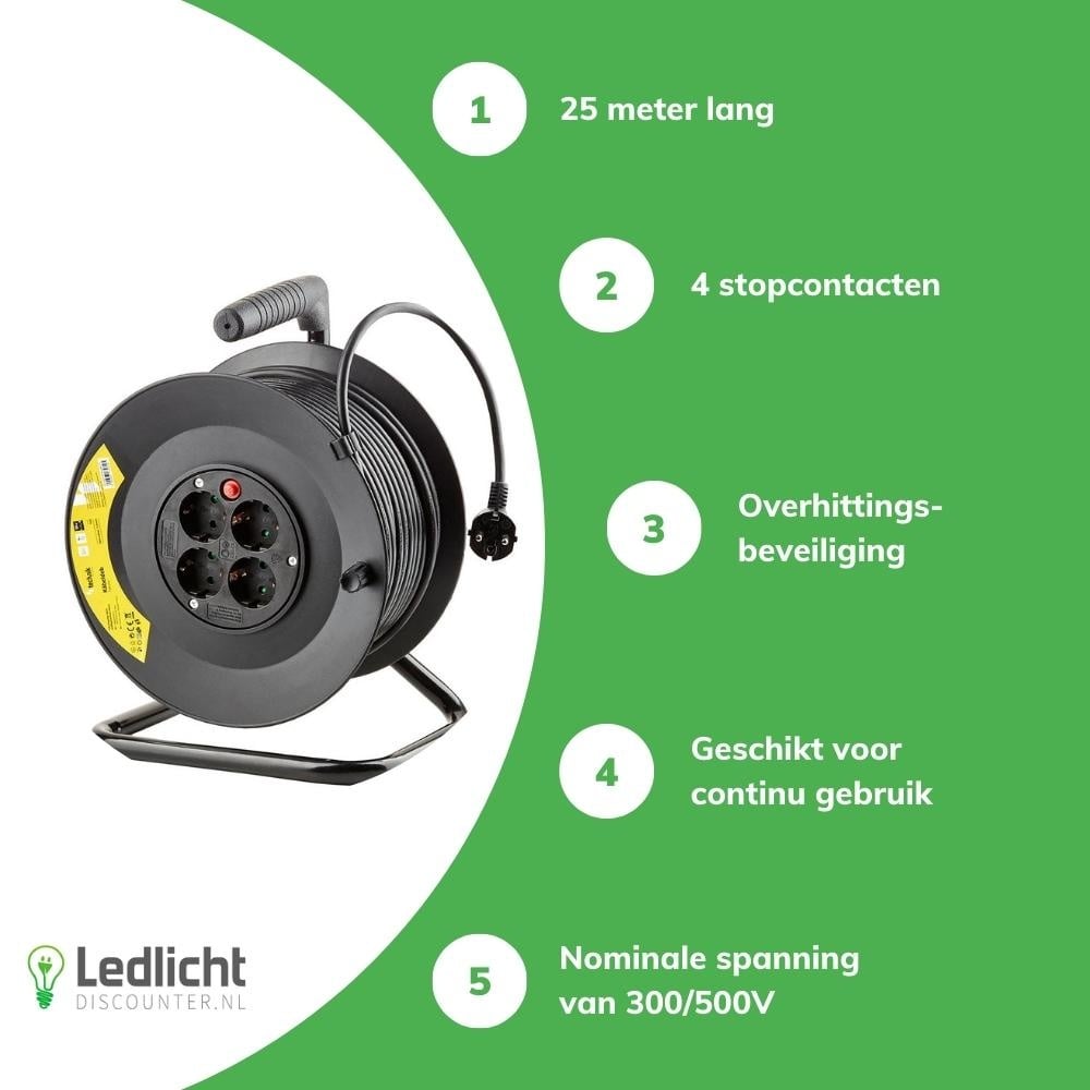 Kabelhaspel 15m - 4-voudig met randaarde -  3x1.5mm2 - zwart 