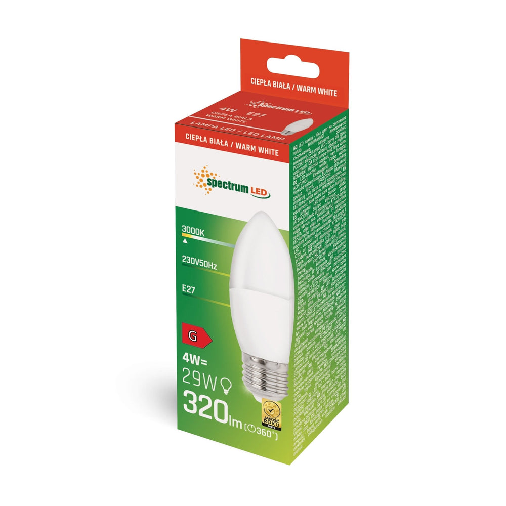 Lampe à LED en forme de bougie Spectrum E27 blanc chaud 4W 3000K, 320 lumens, IP20, 230V, non dimmable, pour application intérieure