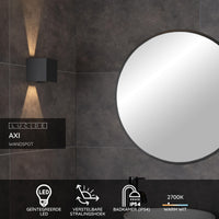Lucide AXI LED wandlamp, 2x7W 2700K, IP54, verstelbare bundelhoek, Zwart aluminium, moderne badkamerverlichting