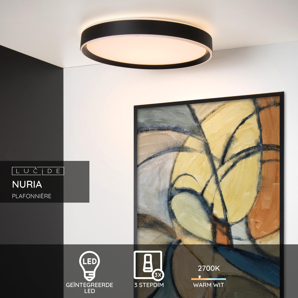 Lucide NURIA Plafonnier LED 36W 2700K 3-Niveaux Dim rond Ø50cm Noir moderne IP20