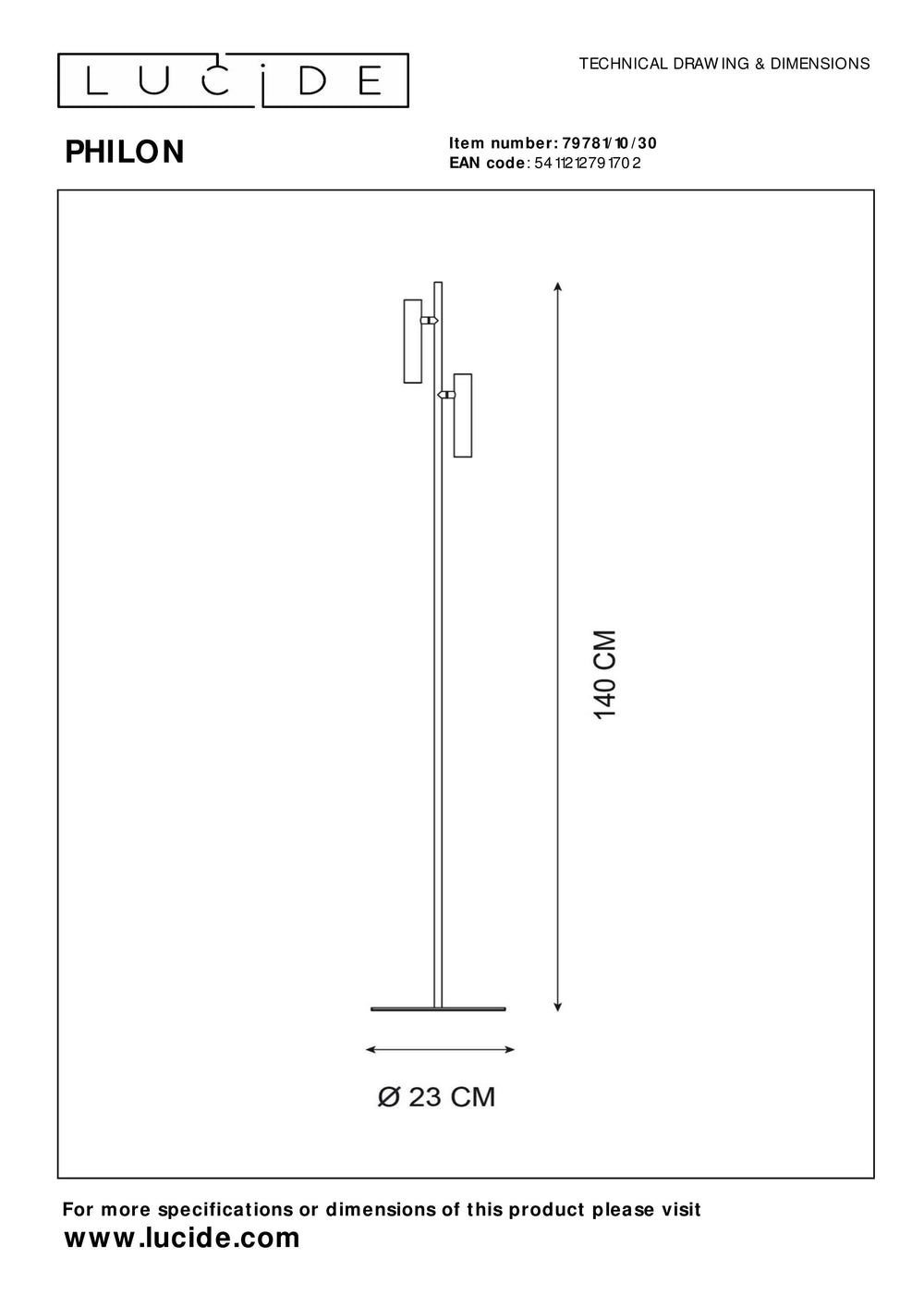 Lampe de lecture LED Lucide PHILON, 2x4.5W 3000K dimmable avec commande tactile, 220-240V, IP20, Noir, 140cm