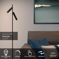 Lampe de lecture LED Lucide PHILON, 2x4.5W 3000K dimmable avec commande tactile, 220-240V, IP20, Noir, 140cm