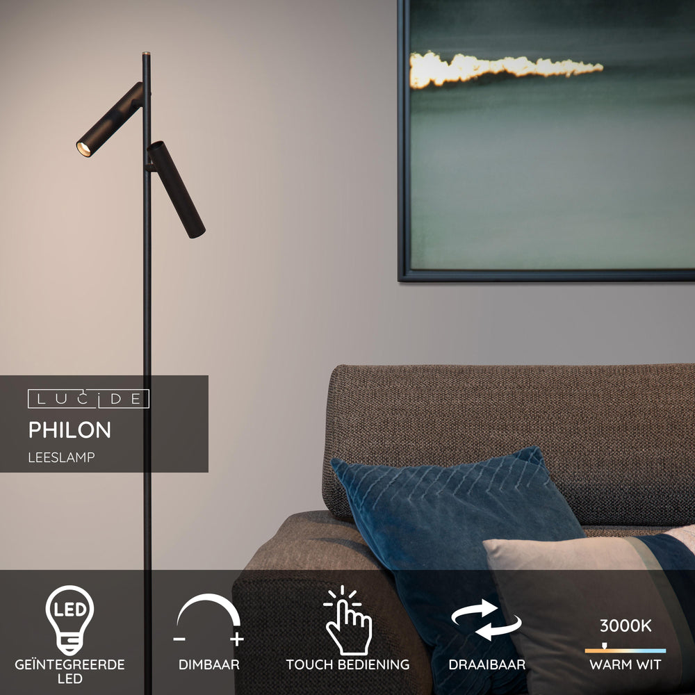 Lampe de lecture LED Lucide PHILON, 2x4.5W 3000K dimmable avec commande tactile, 220-240V, IP20, Noir, 140cm