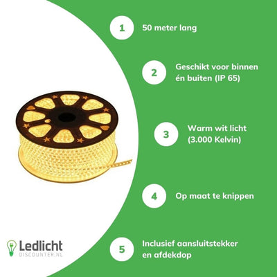 Bande lumineuse LED Tsong 50m 3000K blanc chaud, 1521 lumens, IP20, puce Philips, 220-240V, angle de faisceau 120°