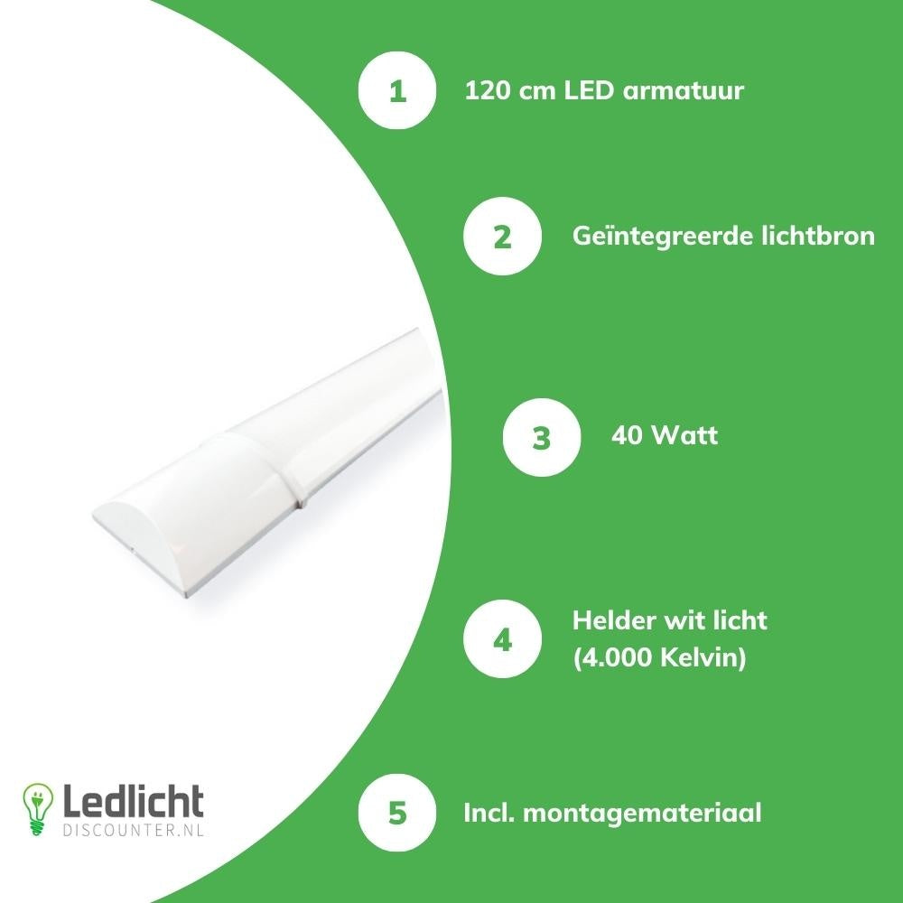 Aigostar réglette LED 120cm 40W 4000K lumière blanche éclatante IP20 puce Philips CRI 80 CE RoHS incl fixation