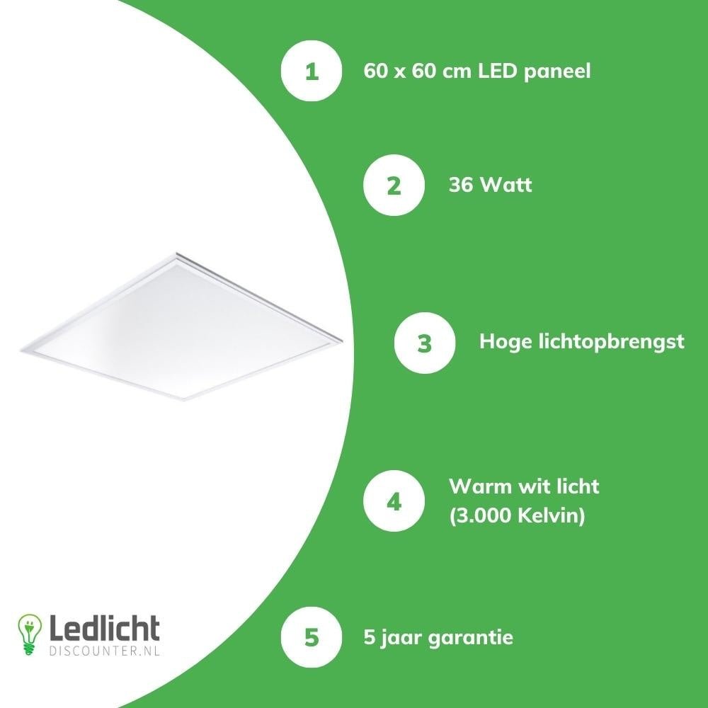 led paneel 60x60cm pro slanke lijn 36w 3000k 4320 lumen warm wit UGR22 opaal