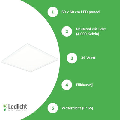 Tsong LED paneel 60x60cm Pro Slim Line 36W 4320 lumen 4000K IP65 UGR22 opaal Philips chip 5 jaar garantie