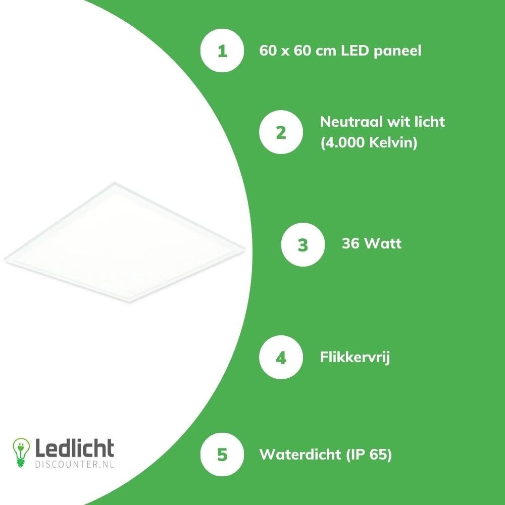 led paneel 60x60cm ip65 vochtbestendig 36w 4320 lumen 4000k koel wit ugr22 opaal